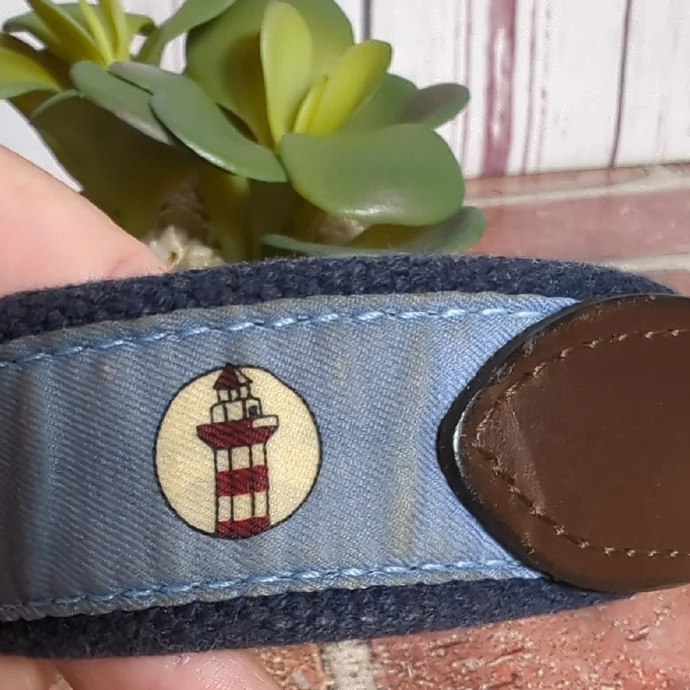 Vineyard Vines Lighthouse Belt Brown Leather and Blue‎ Canvas Size 32 Nautical